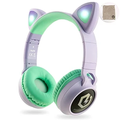 Afbeelding van PowerLocus draadloze Bluetooth hoofdtelefoon voor kinderen, over ear met ledverlichting, opvouwbare microfoon, beperkt volume, en bekabelde