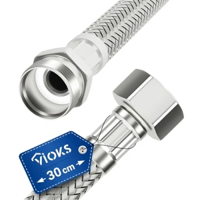 Afbeelding van 30 cm flexibele pantserslang met 3/8 inch wartelmoer en buitendraad, drinkwaterslang, slang roestvrijstalen vlechtwerk