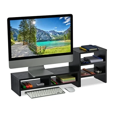 Afbeelding van Relaxdays Schermstandaard met planken, 2 stuks, laptoporganizer voor bureau, zwart