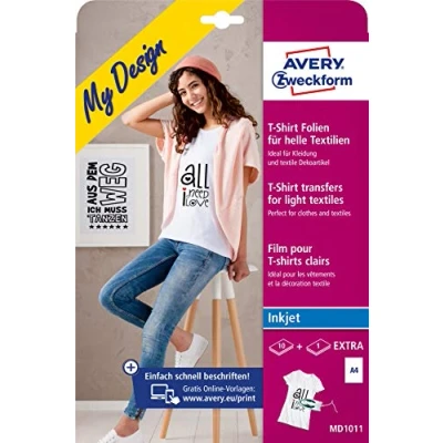 Afbeelding van AVERY Zweckform MD1011 10 + 1 textielfolie om zelf een T shirt te maken (strijkfolie, licht textiel, DIN A4, bedrukbare strijkfolie, transferfolie