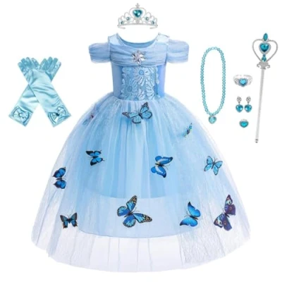 Afbeelding van Lito Angels Prinsessenkostuum blauw met vlinder voor kinderen, meisjes, cinderella gekleed, Halloween party, verjaardagskleding accessoires, leeftijd 4 5 jaar