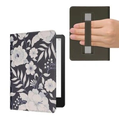 Afbeelding van kwmobile flip cover geschikt voor Amazon Kindle Paperwhite 11. Generation 2021 Case met magnetische sluiting Hoes e reader in blauw / wit Bloemen design