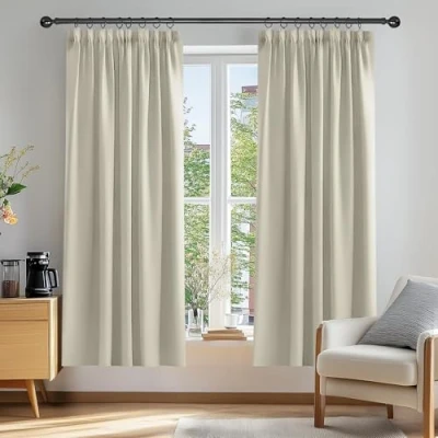 Afbeelding van Deconovo 2 gordijnen voor balkon, buiten, ondoorzichtig, thermisch, koudebescherming, gordijn, keuken, slaapkamer, volwassenen, kinderen, woonkamer, plooiband, lichtbeige, 117 x 183 cm