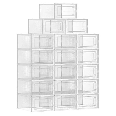 Afbeelding van SONGMICS Schoenendozen, 18 delige set, opbergdozen voor schoenen, schoenen organizer, kunststof dozen, opvouwbaar en stapelbaar, tot maat 44, transparant wit