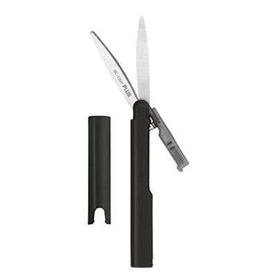 Afbeelding van Reisschaar met gecoate messen, zakschaar, anti aanbaklaag, veiligheidssluiting dop, potloodvorm, zwart