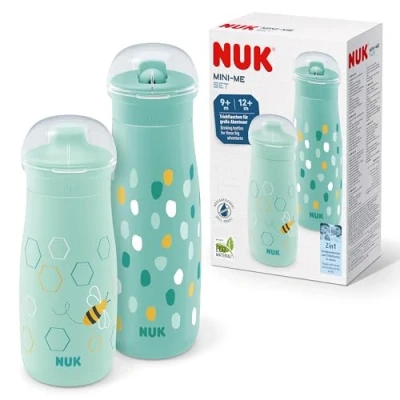 Image de Ensemble de Tasses pour enfants NUK Mini Me Sip &amp; Flip 9 12+ mois 300 ml et 500 Bouteilles Bec paille tempérés à l&#039;épreuve des fuites Incassable Mint Dots Bee