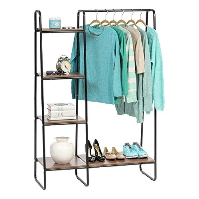 Afbeelding van Iris Ohyama, Kledingrek van metaal, kledingkast met houten rek, kapstok, 4 niveaus, zwart, robuust, voor slaapkamer, studio, kleedkamer, kleding en schoenen, entree, eenvoudige montage, PI B3