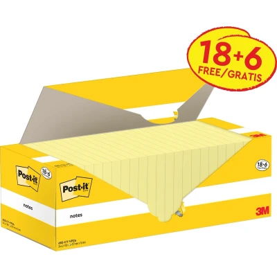 Afbeelding van Post it Notes 100 vel ft 76 x 127 mm kanariegeel (canary yellow) 18 blokken + 6 GRATIS