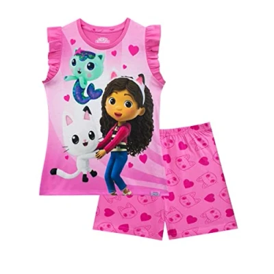 Afbeelding van DreamWorks Gabby&#039;s Dollhouse korte Pyjama voor meisjes, pyjamaset met ruches op de schouders, mouwen kinderen, Roze