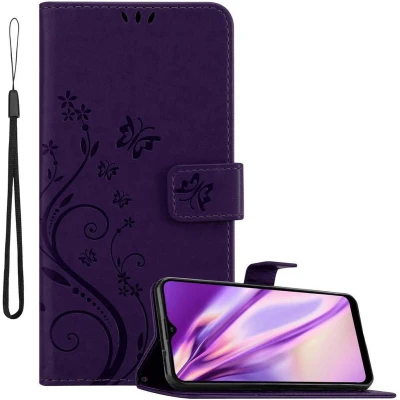 Afbeelding van Cadorabo Hoesje geschikt voor Samsung Galaxy A20s in BLOEMEN DONKER PAARS Beschermhoes bloemmotief met magnetische sluiting, standfunctie en kaartsleuven Book Case Cover Etui