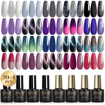Afbeelding van ROSALIND semi permanente nagellak, 24 stuks, zilver, grijs, zwart, paars, rood, kleuren, permanent, soak off, UV/LED, magnetisch, kattenoog, gel, kameleon, manicure