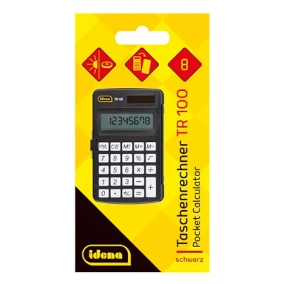 Afbeelding van Idena 11094 Zakrekenmachine TR100 met beschermdeksel, werkt op zonne energie, accu, zwart 8 cijferig display, ca. 7,3 x 11,7 1 cm