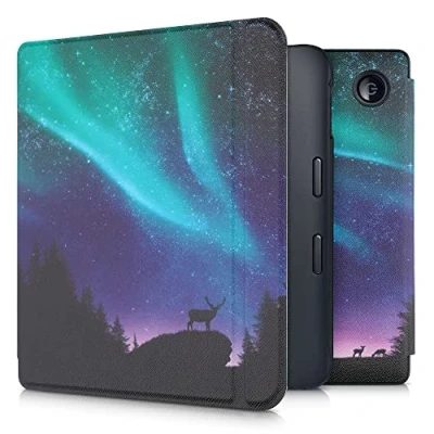 Afbeelding van kwmobile E reader hoesje geschikt voor Kobo Libra 2 hoes flip case met magnetische sluiting Ereader cover Noorderlicht Hert design in turquoise / blauw zwart