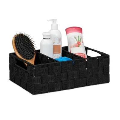 Afbeelding van Relaxdays Opbergmand met vakken, cosmetica opslag in de badkamer, mand handgrepen, H x D: 10 32 21 cm, zwart, kunststof, cm