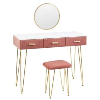 Afbeelding van Woltu MB6080rs make uptafel met kruk en spiegel, kaptafel schuifladen, groot tafelblad van 100 x 40 cm, moderne voor slaapkamer,, roze