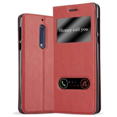 Afbeelding van Cadorabo Hoesje geschikt voor Nokia 5 2017 in SAFRAN ROOD Beschermhoes met magnetische sluiting, standfunctie en 2 kijkvensters Book Case Cover Etui