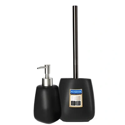 Afbeelding van KADAX Set van 2 keramische badkameraccessoires, zeepdispenser, badkamerbeker, zeepbakje en toiletborstel (zwarte borstel dispenser)