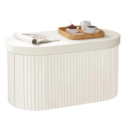 Afbeelding van WOLTU Bank met opbergruimte, opvouwbare kist deksel, opbergdoos, ronde bank, MDF fluweel, 76 x 38 cm, crème SH90 cm