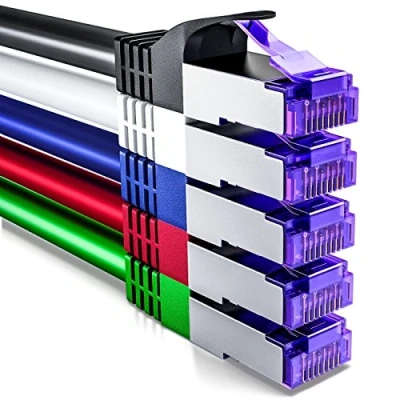 Afbeelding van DeleyCON 5 x 0,25 m RJ45 aansluitkabelset ethernetkabel netwerkkabel met ruwe kabel CAT7 S FTP PiMF afscherming Gigabit LAN SFTP koper DSL Switch Router Patchpaneel kleurrijk