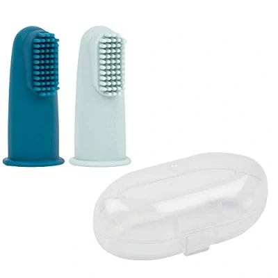 Afbeelding van Nattou Silicone Vingertandenborstel voor Baby Set met Opbergdoosje 2 Stuks Blauw