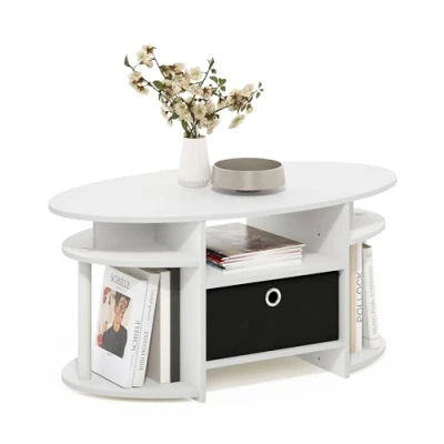 Afbeelding van Furinno Jaya salontafel ovaal eenvoudig design met mand, bewerkt hout, wit/zwart, 12,04 (D) x 41,66 (B) 50,04 (H) cm