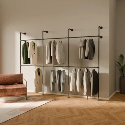 Afbeelding van pamo Industrial Loft Design Kleerhanger KIM II dubbel goud wandkast │ Slaapkamerkapstok van robuuste zwarte buizen met wandmontage