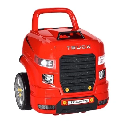 Afbeelding van HOMCOM 2 in 1 mechanische vrachtwagen, knutselspeelgoed voor kinderen, werkbank imitatiespel, veel accessoires, totaal 61 stuks, geluidseffecten en lichteffecten, PP ABS, rood