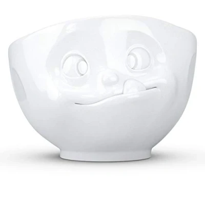 Afbeelding van Kom wit porselein 1 LTR met lekker gezicht uit de Tassen Happy Faces serie collectie geschikt voor bijvoorbeeld salade of pasta 19 x 14 cm in geschenkverpakking