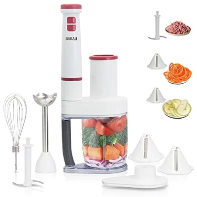 Afbeelding van BAKAJI 4 in 1 duikmixer met accessoires, garde, hakmolen, mixer van staal, miniprimer mixer, elektrische groentesnijder, ergonomische handgreep (4 (600