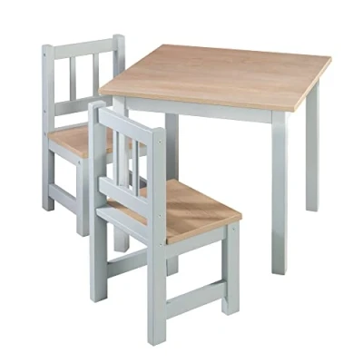 Afbeelding van roba Woody tafel en 2 stoelen voor kinderen, dienblad zitting in houtlook, krasbestendig, meisjes jongens vanaf jaar, grijs