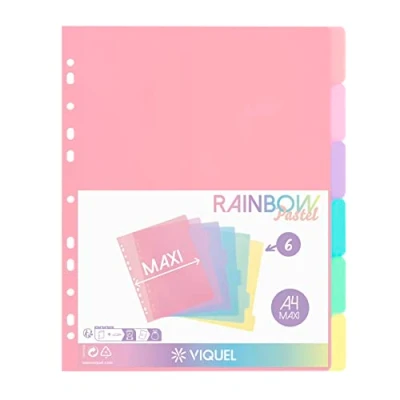 Afbeelding van Viquel Tabbladen van kunststof, maxi formaat (24,5 x 30,5 cm), voor A4 mappen of ordners, neonkleuren, 6 stuks