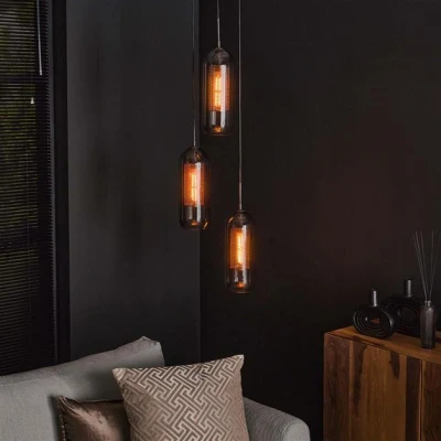 Afbeelding van Hoyz Hanglamp 3L Smoke Getrapt Glas geperforeerd staal Artic zwart