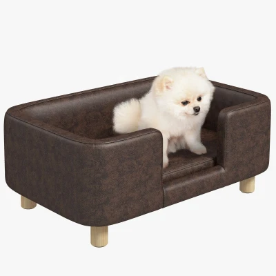 Afbeelding van Pawhut Sofa voor honden en katten, met rand, zacht kussen, voeten van massief hout, afmetingen: 74 x 48 31 cm, chocoladebruin