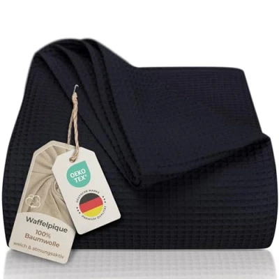 Afbeelding van Premium sprei 220 x 240 cm XXL wafelpiqué 100% katoen lichte woondeken wafellook katoenen deken als bedsprei, bankovertrek, bankdeken (zwart)