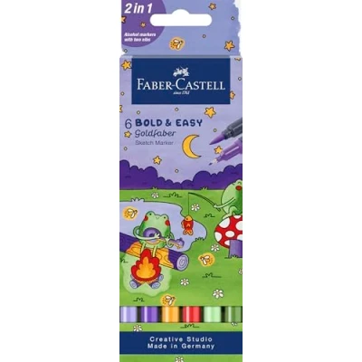 Afbeelding van Faber Castell Goldfaber Lot de 6 marqueurs à croquis, audacieux et faciles, coloriage, stylos base d&#039;alcool, encre séchage rapide, pointe double, fournitures artistiques, coloriage