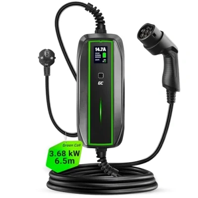 Image de Green Cell EV Portable Chargeur GC PowerCable pour Voitures Électriques PHEV Schuko à Type 2 (6.5m) 10A/16A Écran LCD Wallbox EVSE 3.6kW Model 3/S/X/Y, ID.3, ID.4, i3, e 208, 500e, EV6