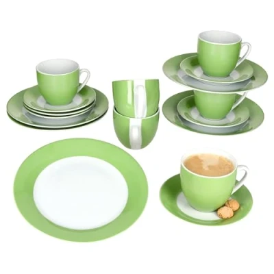 Afbeelding van MamboCat Variant 18 delig koffieservies groen, van kleurrijk porselein voor 6 personen, koffiekopjes 200 ml, schoteltjes en taartborden, ontbijtservies