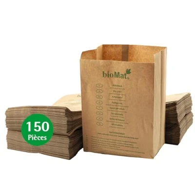 Afbeelding van bioMat Composteerbare papieren vuilniszakken, 10 l, 150 zakjes van gerecycled papier voor organisch afval, vochtbestendig, dubbele bodem