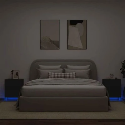 Image de vidaXL Armoires de chevet et lumières LED 2 pcs noir bois d&#039;ingénierie836738