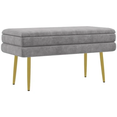 Afbeelding van HOMCOM Opbergbank, bedpunt, opbergdoos met zitting in fluwelen look en stalen poten, 79,5 x 37,5 43 cm, grijs goud
