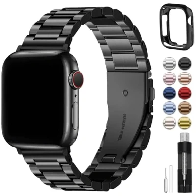 Afbeelding van Fullmosa compatibel met Apple Watch horlogeband van 42 mm/44 mm/45 mm/49 mm, roestvrij staal, SE, SE 2, Ultra, serie 8/7/6/5/4/3/2/1 (zwart, mm)