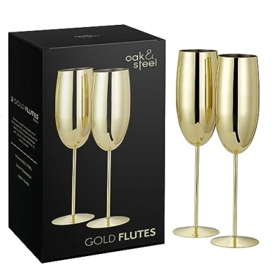 Afbeelding van Oak &amp; Steel 2 Gouden Champagneglazen (280 ml) Proseccoglazen van Roestvrij Staal met Geschenkdoos