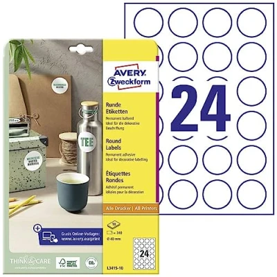 Afbeelding van Avery Zweckform Ronde Etiketten, Diameter 40 Mm, Wit, Permanent Klevend, 240 10 Vellen Etiket