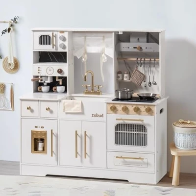 Afbeelding van ROBUD Realistische houten keukenspeelset voor kinderen, groot, met oven, ijsmachine, koffiezetapparaat, servies enz., cadeau kinderen vanaf 3 jaar, wit