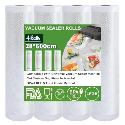 Afbeelding van Omtofo 4 rollen vacuümzakken, 28 x 600 cm/rol, voedselzakken, BPA vrij, scheurvast, 150 µm, voor alle vacuüm en magnetronafdichtingsmachines