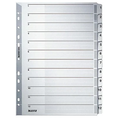 Afbeelding van Leitz tabbladen A4 1 12, toetsenveld en gatenband, versterkt van Mylar, robuust karton, grijs, 12 met materiaalopschrift, 4325000