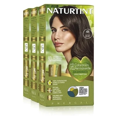 Afbeelding van Naturtint Biobased, ammoniakvrije kleuring, 100% dekking van wit haar, plantaardige ingrediënten, natuurlijke en duurzame kleur, 4N natuurlijk kastanje, 3 stuks