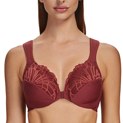 Afbeelding van MELENECA Damesbeha met sluiting aan de voorkant, grote maten, beugels, kant zonder vulling, Cabernet Rood