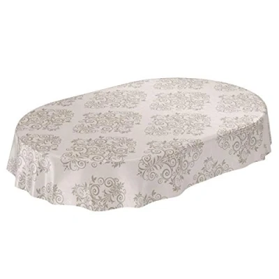Afbeelding van ANRO Afwasbaar Tafelzeil tafelkleed, barok arabesk motief, beige, ovaal, 140 x 180 cm