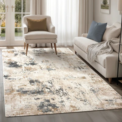 Afbeelding van Fashion Marmer Vloerkleed Laagpolig Modern Design Marmerlook Beige Grijs 80x150 cm Rechthoek Polyester Tapijtenloods